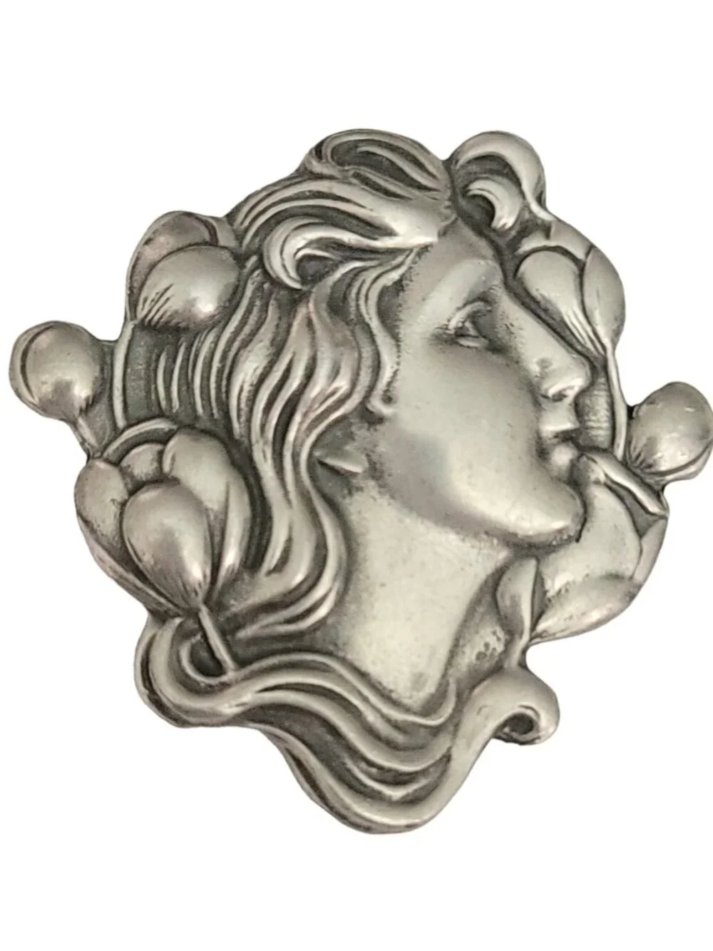 Tine H Pewter Art Nouveau Style Lady Face Brooch, Signed
